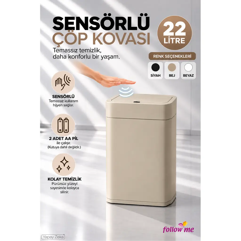 Follow Me 22 Litre Sensörlü Çöp Kovası Bej