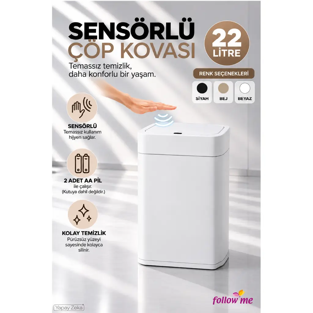 Follow Me 22 Litre Sensörlü Çöp Kovası Beyaz