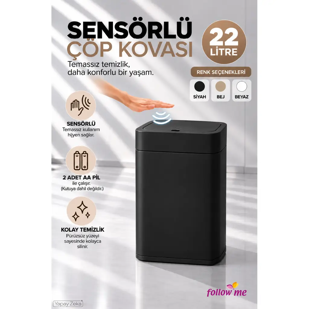 Follow Me 22 Litre Sensörlü Çöp Kovası Siyah