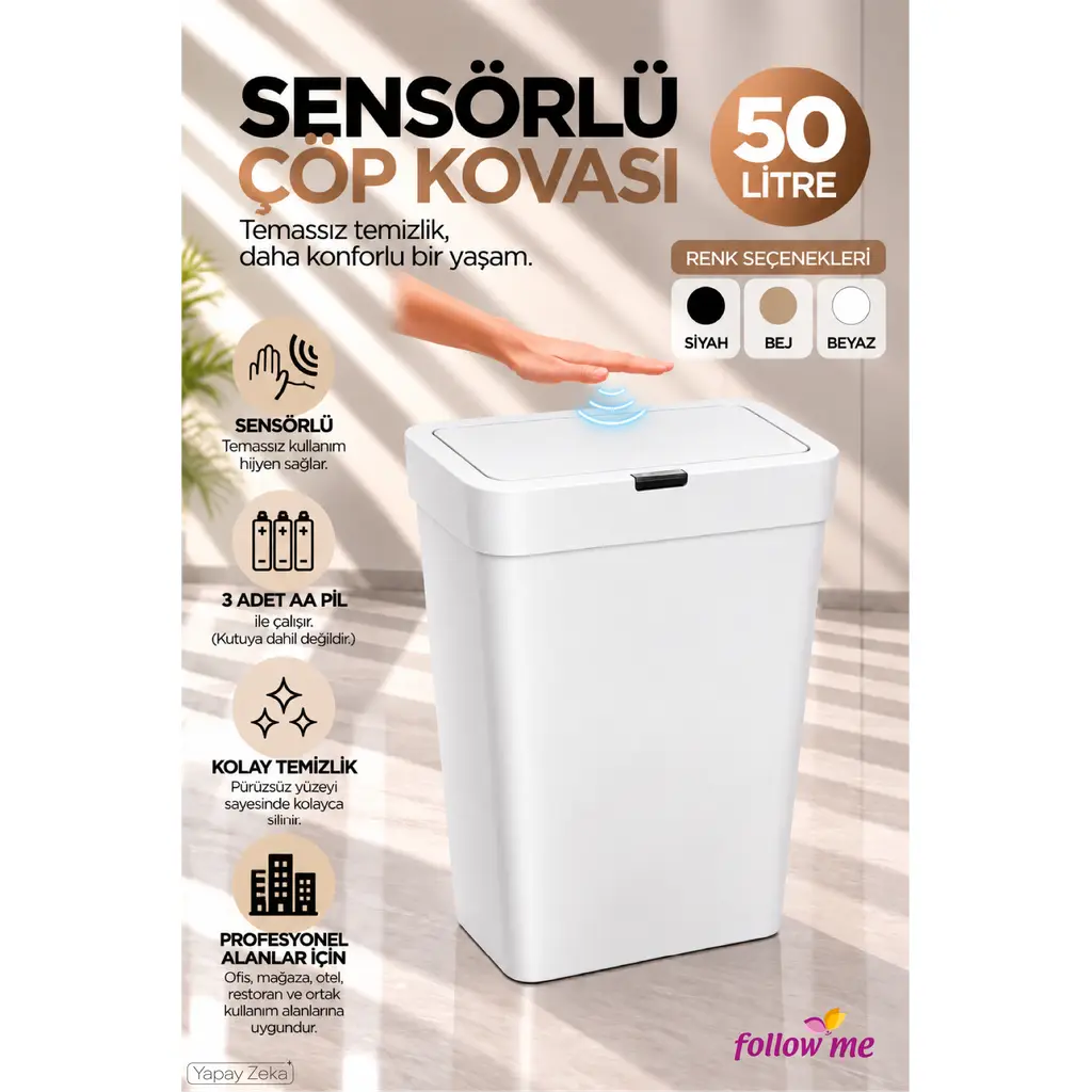 Follow Me Sensörlü Çöp Kovası 50LT Beyaz -FM414705beyaz