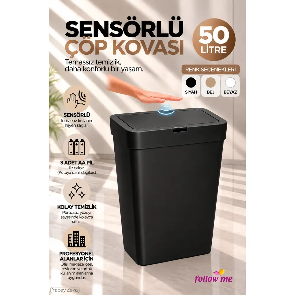 Follow Me Sensörlü Çöp Kovası 50LT Siyah -FM414705siyah
