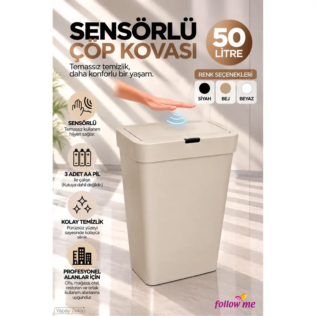 Follow Me Sensörlü Çöp Kovası 50LT Bej