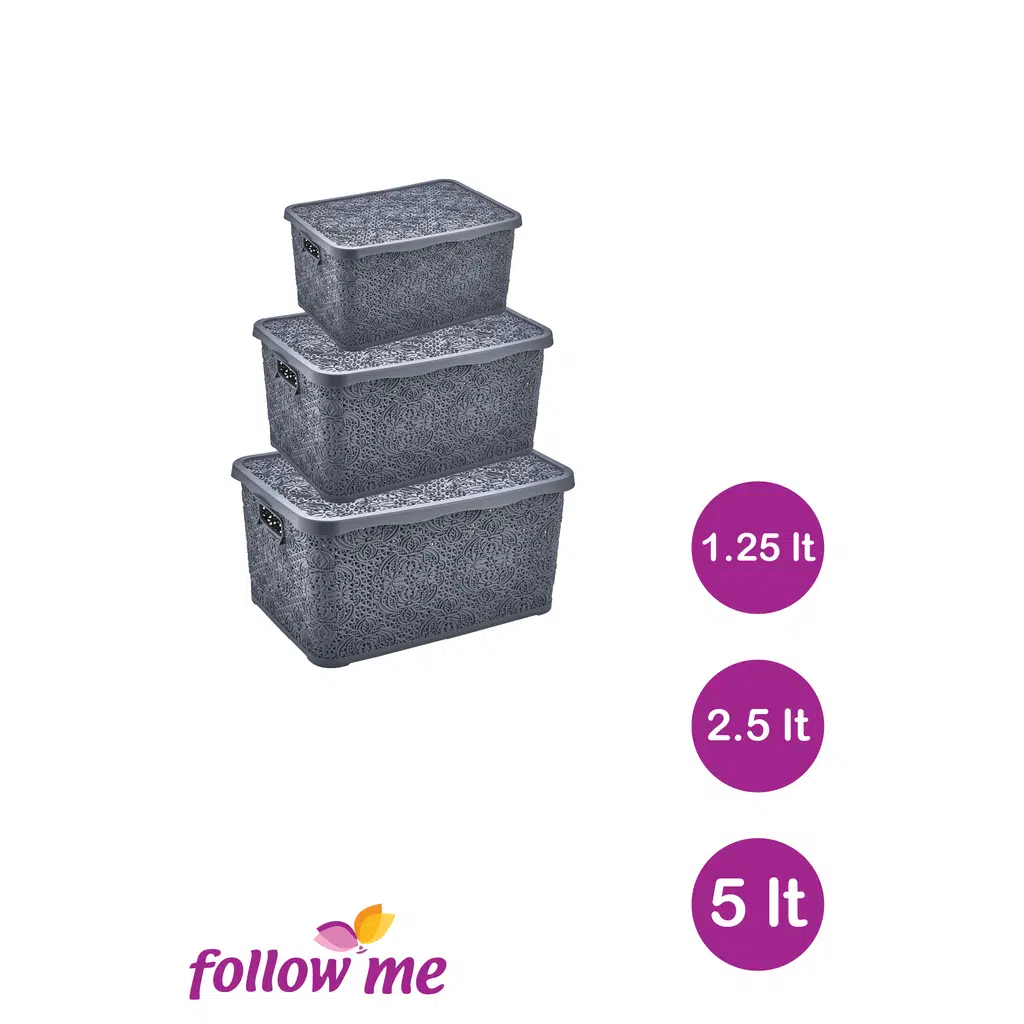 Nakış Çok Amaçlı Kutu 3'lü Set (Gri)(1.25lt - 2.5lt - 5lt)