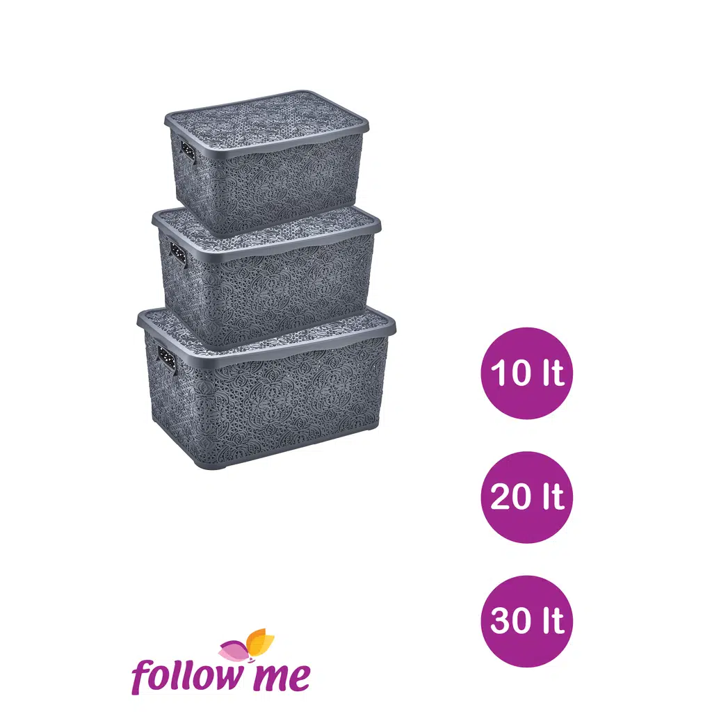 Nakış Çok Amaçlı Kutu 3'lü Set (Gri)(10lt - 20lt - 30lt)