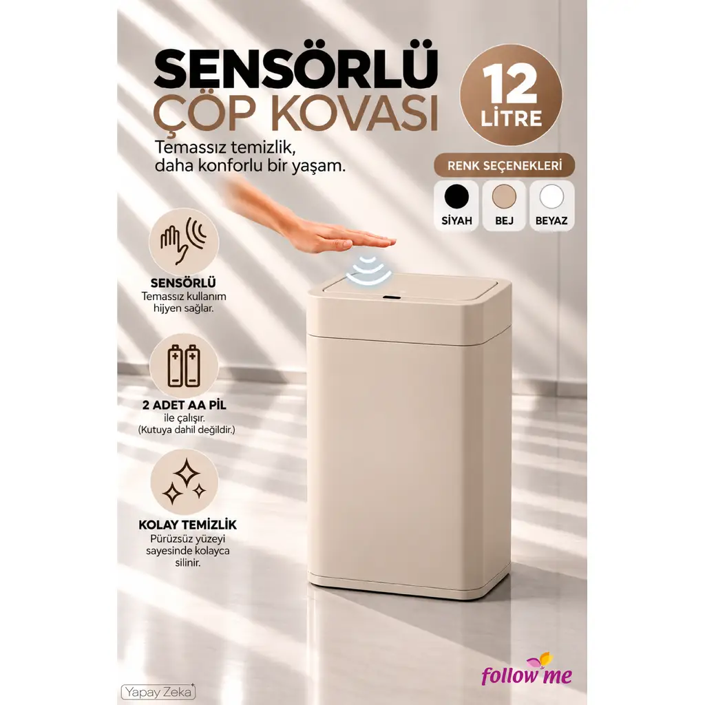 Sensörlü Çöp Kovası 12 Litre Bej