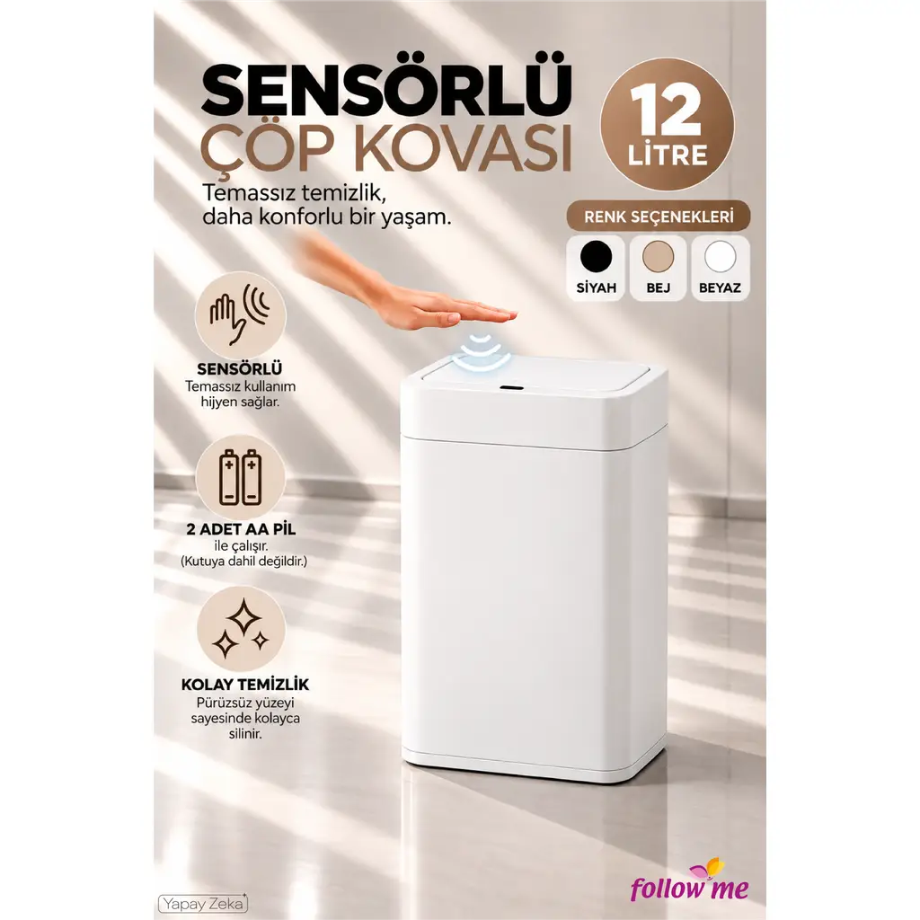 Sensörlü Çöp Kovası 12 Litre Beyaz