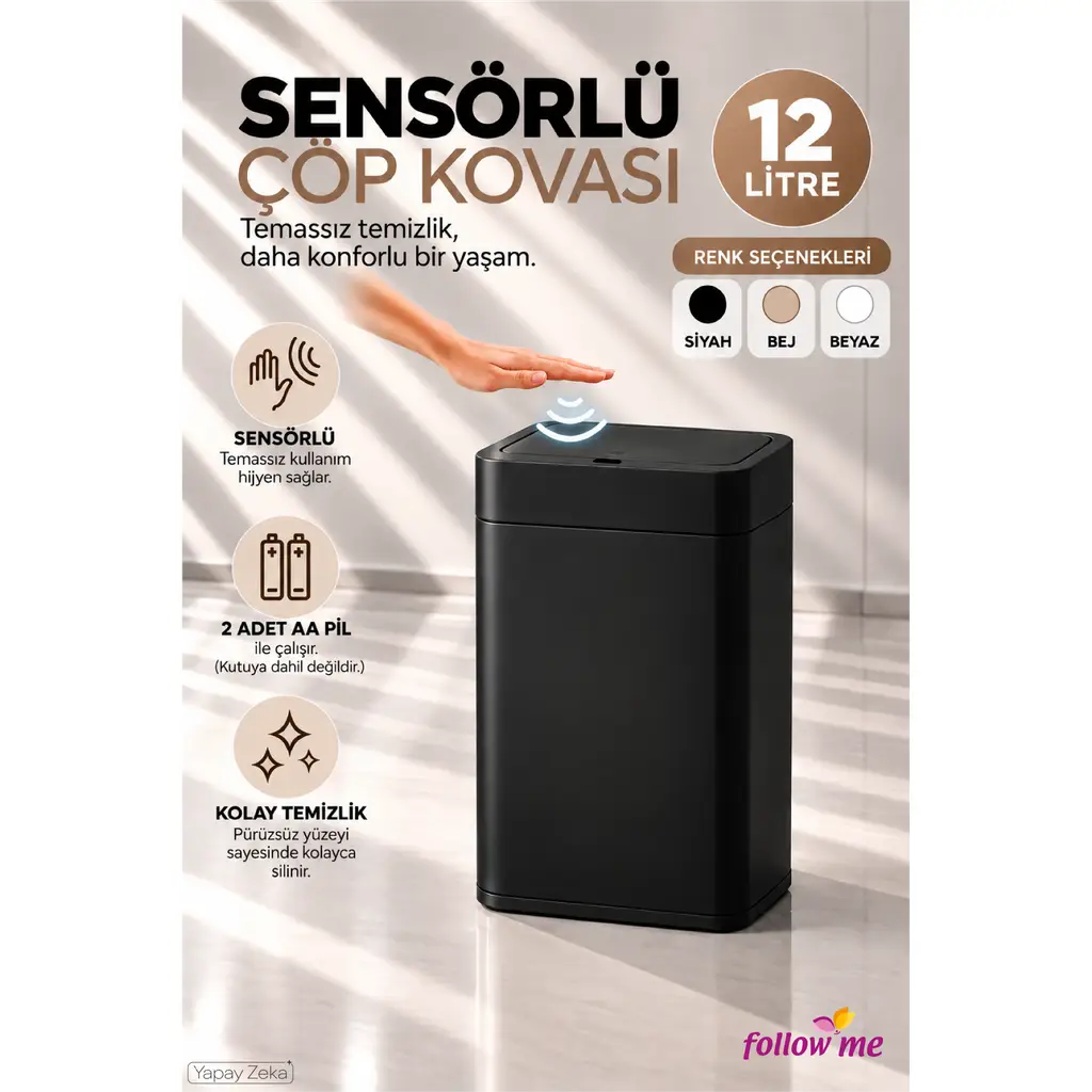 Sensörlü Çöp Kovası 12 Litre Siyah