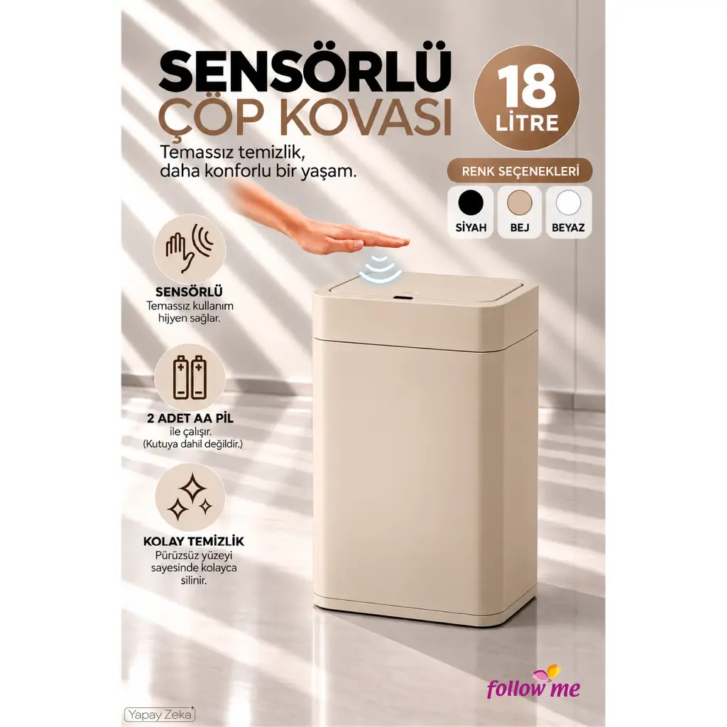 Sensörlü Çöp Kovası 18 Litre Bej