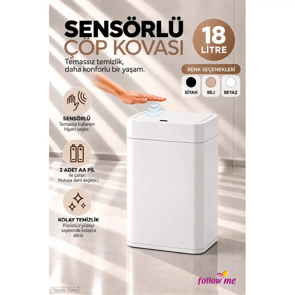 Sensörlü Çöp Kovası 18 Litre Beyaz