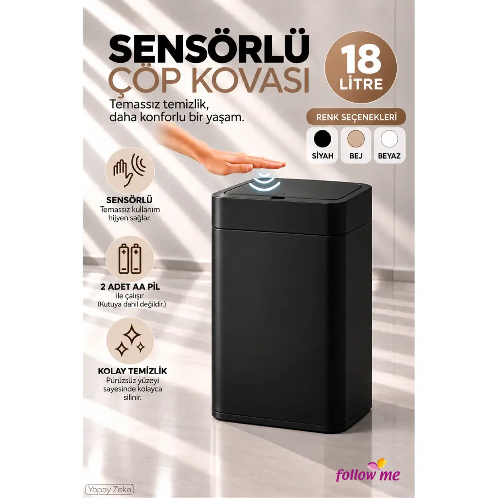 Sensörlü Çöp Kovası 18 Litre Siyah
